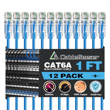 CableGeeker Cat 6A Slim Ethernet Patch Cables, 1 ft, 12-Pack, Blue | 28AWG Pure Copper, 10Gbps/550MHz, Snagless Gold-Plated RJ45, Ultra-Thin Flexible Design for Switches, Patch Panels, and Racks - color: Blue-Slim, size: 1ft, style: 12 Pack
