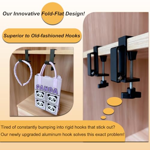 Aluminum Table Hooks 2 Pack, Foldable Under Desk Hooks for Backpack Headphone Purse, Portable Hanger, Heavy Duty Load, No Drill Tool-Free Installation, Space Saving Organizer Universal Fit