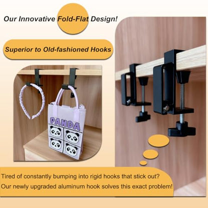 Aluminum Table Hooks 2 Pack, Foldable Under Desk Hooks for Backpack Headphone Purse, Portable Hanger, Heavy Duty Load, No Drill Tool-Free Installation, Space Saving Organizer Universal Fit