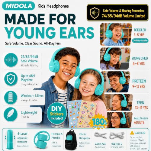 Kids Bluetooth Headphones Wireless 68 Hours,Safe Volume Limit 85/94dB | Adjustable Headband Foldable Over-Ear Lightweight Headsets for Toddler Girls Boys Tablet/iPad,HD Stereo,Built-in Mic,Cyan - color: Turquoise