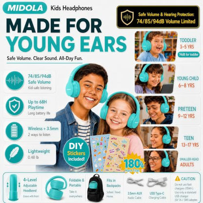 Kids Bluetooth Headphones Wireless 68 Hours,Safe Volume Limit 85/94dB | Adjustable Headband Foldable Over-Ear Lightweight Headsets for Toddler Girls Boys Tablet/iPad,HD Stereo,Built-in Mic,Cyan - color: Turquoise
