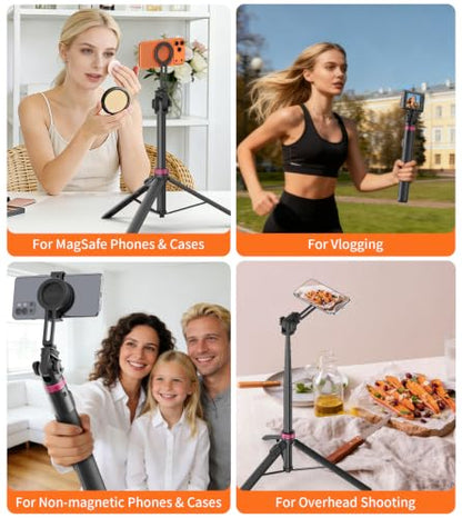 69" Magnetic Phone Tripod Stand Selfie Stick with Remote & Phone Mount | Portable Stand holder Rechargeable with Tripod Leg，360°Rotatable Travel Tripod Compatible for iPhone/Android/Magsafe