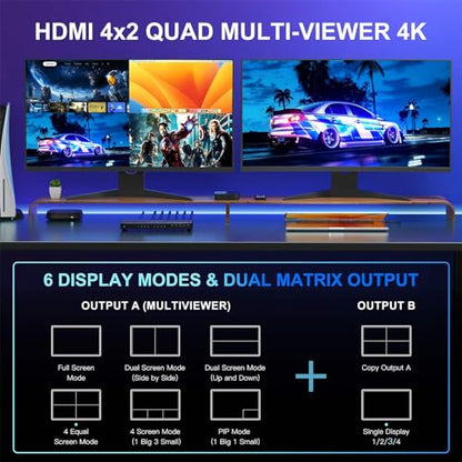 4K HDMI Multiviewer Switch 4x2 with PIP, PORTTA Quad Multi Viewer Seamless Switcher 4 in 2 Out with Toslink, 3.5mm Audio Output Support 4K 30Hz, 6 Viewing Modes, Downscaler for PS4/PC/DVD - size: Multiviewer 4x2 4K@30Hz