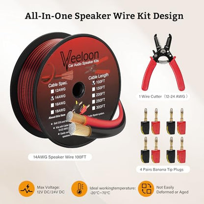 14AWG Speaker Wire 100 FT, 14/2 Gauge Audio Speaker Wire Kits with Cable Cutter Banana Plugs Tool, Polarity Marker, 2 Conductors Zipper Wire for Car Speakers Stereo, Home Theater, Surround Sound,CCA - size: 100 FT, style: 14 AWG