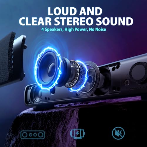 Computer Speakers, USB Powered 3.5mm AUX PC Sound Bar for Desktop Monitor, Gaming Speakers with Headphones & Microphone Link, Superb Stereo Sound, Plug-n-Play (Black) | USB-powered desktop PC soundbar with 3.5mm AUX and mic/headphone jack. Superb stereo s
