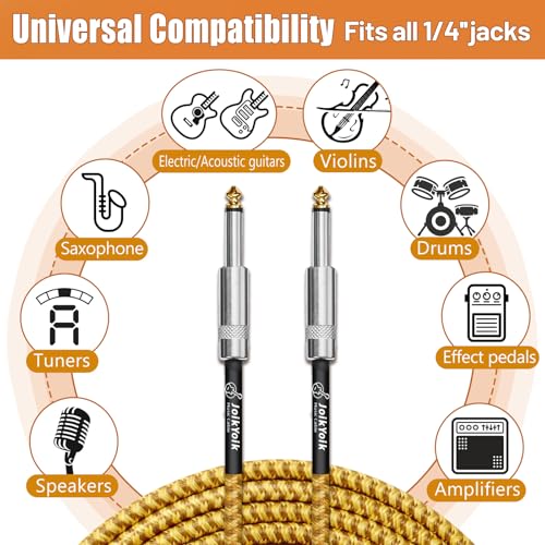 2-Pack 10 Feet Tweed braided 1/4 Inch TS Guitar Cables, Yellow & Brown | Strain relief, Anti-kink, no signal loss, fit electric guitar, bass, amp - color: Yellow, size: 10ft