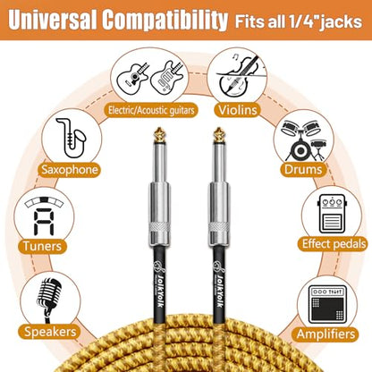 2-Pack 10 Feet Tweed braided 1/4 Inch TS Guitar Cables, Yellow & Brown | Strain relief, Anti-kink, no signal loss, fit electric guitar, bass, amp - color: Yellow, size: 10ft