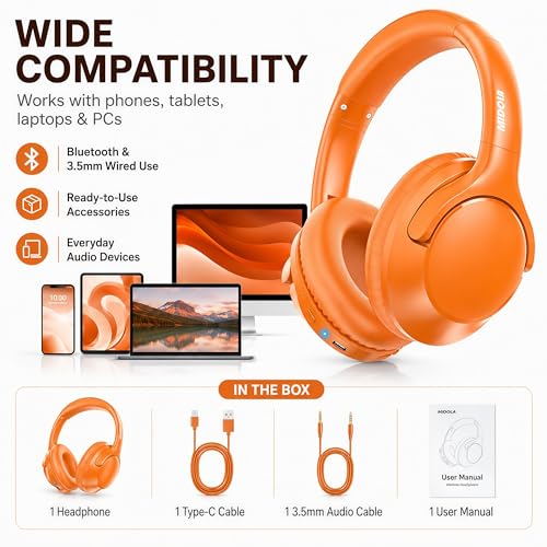 MIDOLA Bluetooth Headphones Wireless 68H with Mic,Decent Sound-Acceptable | Adjustable Headband Foldable Over-Ear Lightweight for Office/Travel/Tablet/iPad/Laptop,HD Stereo Sound,Aux 3.5mm Orange - color: Orange