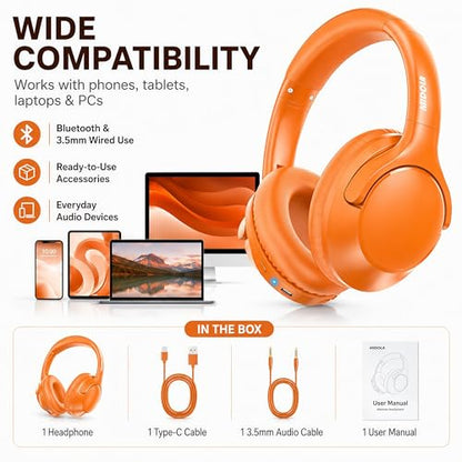 MIDOLA Bluetooth Headphones Wireless 68H with Mic,Decent Sound-Acceptable | Adjustable Headband Foldable Over-Ear Lightweight for Office/Travel/Tablet/iPad/Laptop,HD Stereo Sound,Aux 3.5mm Orange - color: Orange