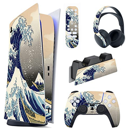 PlayVital Great Wave Dual Side Full Set Skin Decal for ps5 Console Digital Edition, Sticker Vinyl Decal Cover for ps5 Controller & Charging Station & Headset & Media Remote - color: Great Wave Dual Side