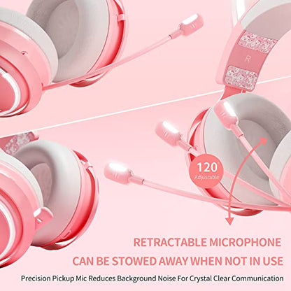 SOMIC Cat Ear Headphones, 2.4G/Bluetooth Wireless Gaming Headset for PS5, PS4, PC with RGB Lights and Retractable Mic, 10Hrs Playtime, 7.1 Surround Sound for Laptop, Smartphone-GS510 Pro - Pink - size: 2.4G+Bluetooth+Wired
