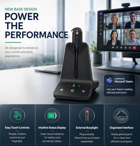 Yealink WH63 E2 Teams Wireless DECT Headset for Microsoft Teams, Convertible Mono Office Headset with Dual Noise Canceling Mics, Acoustic Shield, USB Base, 606 ft Range, 8H Talk Time