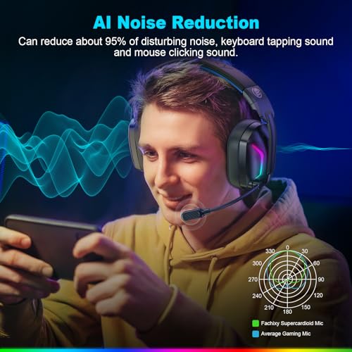 Fachixy Wireless Gaming Headset with Microphone for PC, PS5, PS4, Bluetooth Gaming Headphones - Fast Charge 50Hr Battery, Cool LED Lights for Switch, Laptop, Mobile, Mac 2.4GHz Gamer Headset