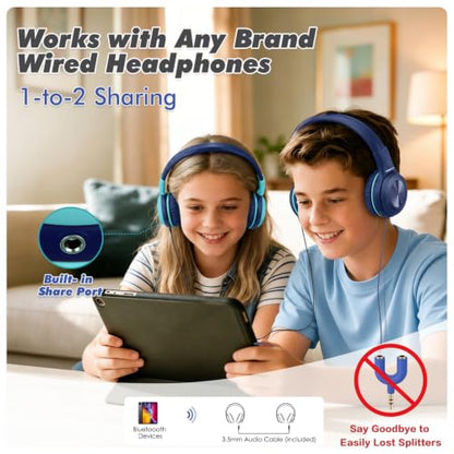 SIMOLIO Kids Bluetooth Headphones with Microphone, 75/85/94dB Volume Limit, Wireless Headset for Toddler Teens Children, Share Port, Travel Case, 3.5mm Cord, Foldable for School Airplane iPad Tablet | Wireless Headset for Toddler Teens Children, Share Por