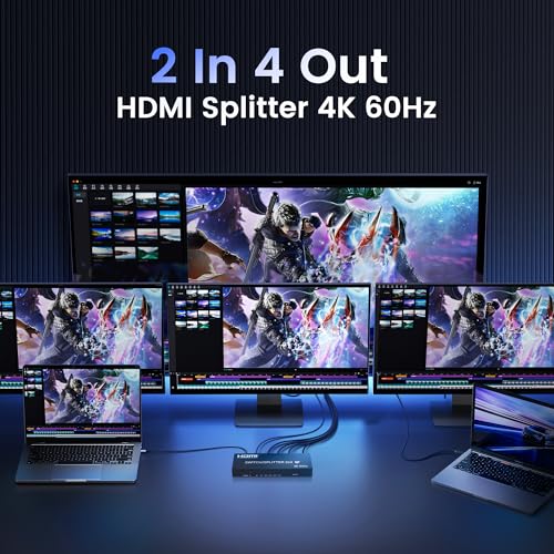 4K@60Hz HDMI Switch Splitter 2 in 4 Out with Remote, SPDIF and 3.5mm Audio | HDMI Matrix Supports HDR10, HDCP2.2 and 3D for PS5/4,Xbox,Fire Stick,etc