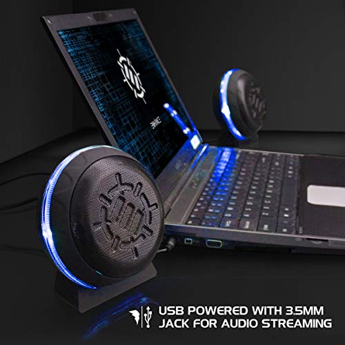 ENHANCE SL2 USB Classroom Speakers — 2.0 Stereo Sound System, 3.5mm Input, in-Line Volume Control, Compact for Desks, Laptops & Chromebooks — Perfect for School Labs & Classrooms (Blue LEDs)