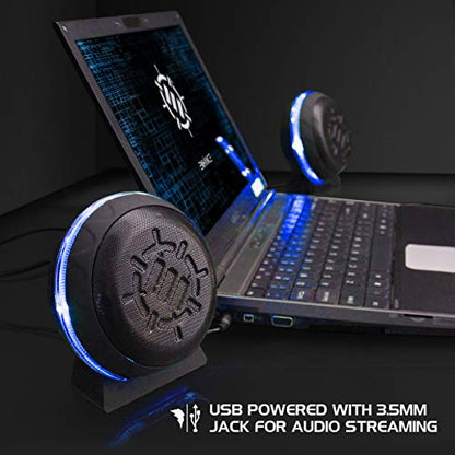 ENHANCE SL2 USB Classroom Speakers — 2.0 Stereo Sound System, 3.5mm Input, in-Line Volume Control, Compact for Desks, Laptops & Chromebooks — Perfect for School Labs & Classrooms (Blue LEDs)
