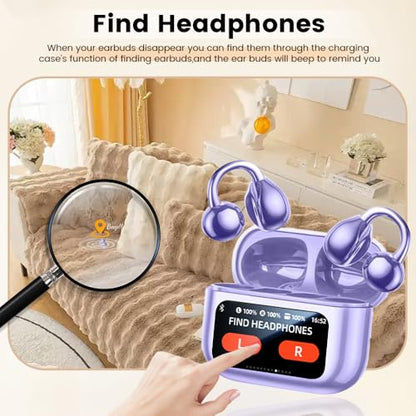 Clip On Ear Headphones, Open Ear Earbuds Wireless Bluetooth 5.4, Clip On Earbuds with LCD Touchscreen, Lightweight Comfort Open Ear Headphones for Pad Tablet Laptop Android/iOS Phones (Purple) - color: Purple
