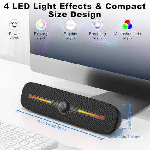 SOULION Computer Speakers, Wired 3.5mm Aux Bluetooth Soundbar for Desktop | USB Powered, 4 Dynamic Lighting Modes, Rotary Volume Control Button for Laptop Monitor Office Music Game