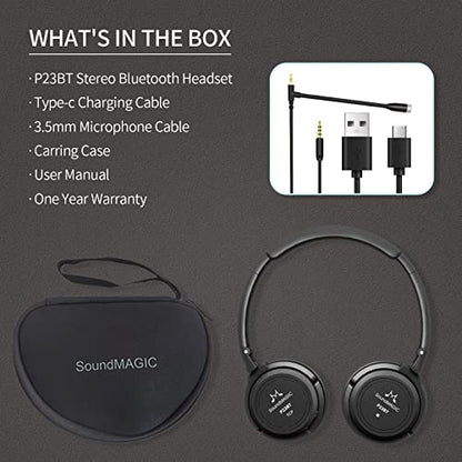 SoundMAGIC P23BT Portable On Ear Bluetooth Headphones CVC Noise Canceling Microphone HiFi Sound Stable Wireless Signal Connection Long Playtime with Detachable Cable for Game Black