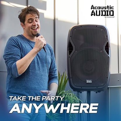 Acoustic Audio by Goldwood 1000W Bluetooth PA Speaker with LED, Mic & Stand | Large Plug-In Powered PA System with Remote & Flashing LED Party Lights for Karaoke, DJ or Tailgate Party