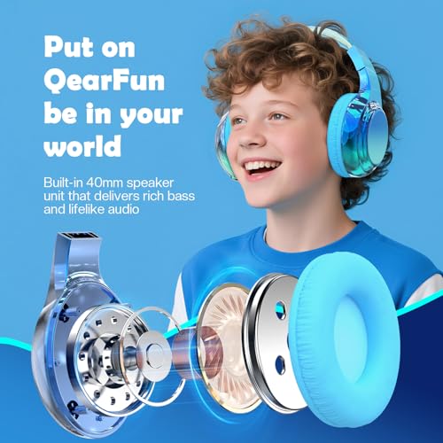 QearFun Kids Bluetooth Headphones, 60H Playtime, 74/85/94dB Volume Limit | For school, tablet, travel, kids wireless headphones feature HD mic, fast charging, foldable design, boys girls, wired mode - color: Blue