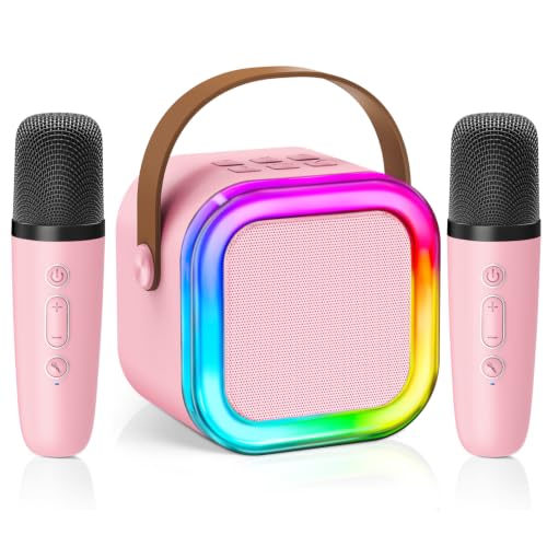 Mini Karaoke Machine for Kids Girls Boys - Birthday Gifts for Ages 4 5 6 7 8+ Year Old - Portable Bluetooth Speaker with 2 Wireless Microphone - Pink