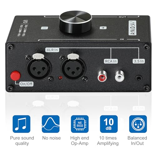 Stereo Audio Preamplifier - XLR Balanced RCA 3.5mm Input to XLR Balanced RCA 3.5mm Output Converter Adapter amp - Headphone Amplifier, Gain 20dB Phono Turntable Phonograph Preamp (Black)