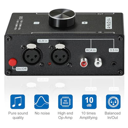 Stereo Audio Preamplifier - XLR Balanced RCA 3.5mm Input to XLR Balanced RCA 3.5mm Output Converter Adapter amp - Headphone Amplifier, Gain 20dB Phono Turntable Phonograph Preamp (Black)