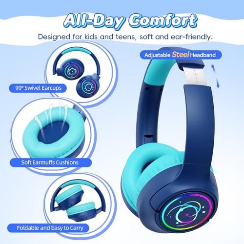 Kids Bluetooth Headphones with 85H Playtime for Toddler Boy, Navy with LED - color: Navy Blue