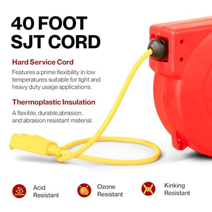 ReelWorks Retractable Extension Cord Reel Polypropylene 12AWG x 40' Foot | Industrial Commercial Grade 3C SJT Cable Triple Tap Connector 15A 125VAC 1875W 60Hz Current Interrupter Best for Indoor Use