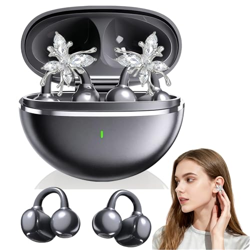 2026 New Jewelry-Inspired Clip-On Earbuds with Detachable Sparkle Butterfly Earrings, Bluetooth 6.0, Cute Wireless Headphones for Women, 50H Playtime, Low Latency, Sports & Workouts (Black) - color: Black