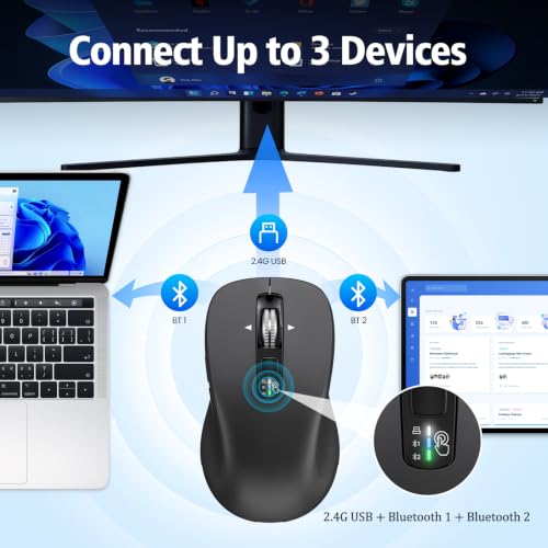 CITLLA Wireless Bluetooth Mouse (USB + BT1 + BT2), Full Size Mouse, 4-Way Scrolling, Multi-Device Silent for Computer, Laptop, iPad, MacBook (Grey) - color: Grey