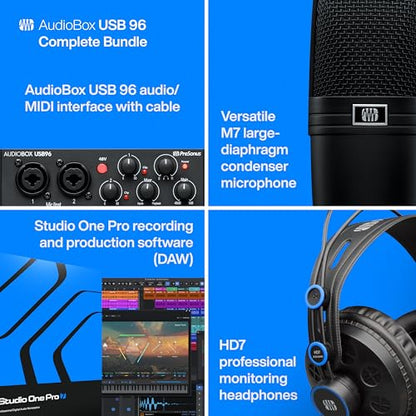 PreSonus AudioBox USB 96 Bundle — USB Audio Interface, XLR Interface for Guitar, Device for PC & Mac, Complete Recording Package with Studio One Pro, Music Production, Home Studio