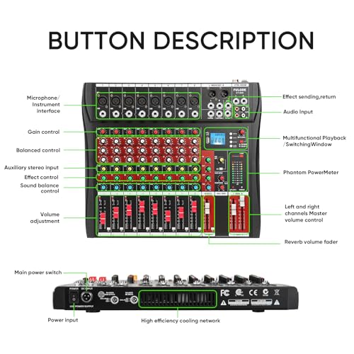 FULUODE Audio Mixer 8 Channel, CT-80S Professional Sound System Mixer Board DJ Mixing Console with Reverb MP3 Player Bluetooth 48V Phantom Power Supply USB Recording for Studio Karaoke Live Music