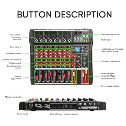 FULUODE Audio Mixer 8 Channel, CT-80S Professional Sound System Mixer Board DJ Mixing Console with Reverb MP3 Player Bluetooth 48V Phantom Power Supply USB Recording for Studio Karaoke Live Music