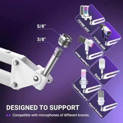 FIFINE AmpliGame BM38W Heavy Duty RGB Microphone Boom Arm for Gaming | Podcasting C-Clamp Desktop Mic Mount, Angle Adjustment, 3/8" to 5/8" Screw, for FIFINE AM8 - color: White