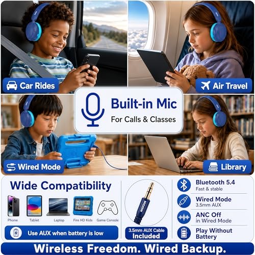 Kids Bluetooth Headphones Wireless,ANC,68H,Safe Volume Limit 85/94dB Blue | Adjustable Headband Foldable Over-Ear for Toddler Girls Boys Tablet/iPad,HD Stereo,Built-in Mic - color: Prussian Blue