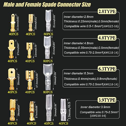 Twidec/640Pcs 2.8/4.8/6.3mm Quick Splice Male and Female Wire Spade Connector Crimp Terminal Golden Kit with Wire Terminal Crimping Pliers Tools 26-16AMG for Electrical Wiring Car Audio Speaker - color: Gold 640PCS+SN-48B