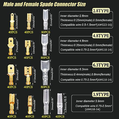 Twidec/640Pcs 2.8/4.8/6.3mm Quick Splice Male and Female Wire Spade Connector Crimp Terminal Golden Kit with Wire Terminal Crimping Pliers Tools 26-16AMG for Electrical Wiring Car Audio Speaker - color: Gold 640PCS+SN-48B