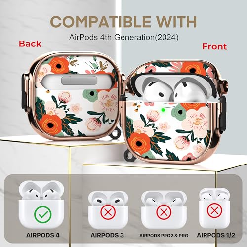 for AirPods 4 Case with Safety Lock, Magsafe Compatible, Red Flower | Double Secure Lock,Drop Protection,Two-Piece Design,with Gold Keychain, Anti Lost, Dustproof, Cute AirPod 4 Case - color: Pink + Red, size: AirPods 4 Case