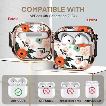 for AirPods 4 Case with Safety Lock, Magsafe Compatible, Red Flower | Double Secure Lock,Drop Protection,Two-Piece Design,with Gold Keychain, Anti Lost, Dustproof, Cute AirPod 4 Case - color: Pink + Red, size: AirPods 4 Case