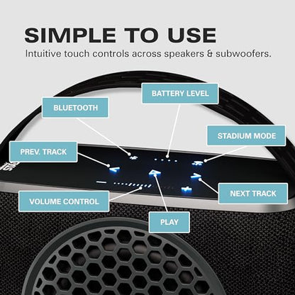 Rocksteady Stadium 2 Speakers + Subwoofer – 2 Speakers & Sub | Portable 2.1 Home Audio System | Up to 30-Hr Battery | 150 ft Range | No WiFi | Stereo Wireless | Speakers Bluetooth Wireless, Multi Room Indoor And Outdoor Audio, 30 Hour Battery, 150 ft Rang