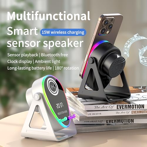 5-in-1 Induction Bluetooth Speaker with RGB Light Phone Stand | ABS mesh speaker delivers 360° surround sound with colorful lights for party and gaming use - color: Black (5 in 1 )