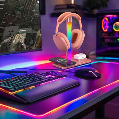 Headphone Stand with Wireless Charger,Gaming Headset stand with RGB Light Mode,For Airpod Max Stand Compatible with Airpod Pro/3/2,For iPhone 17/16/15/14/13/12/11,Gifts for Gamers & Music Lover (Gold) - color: Gold