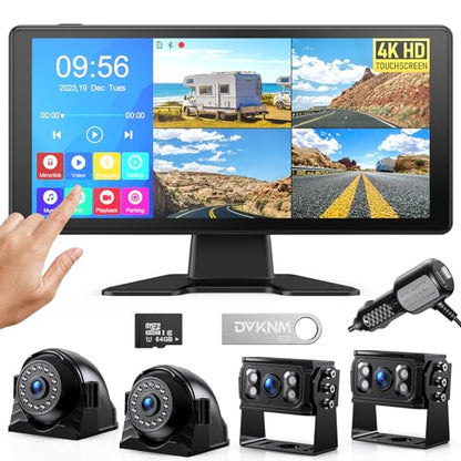 4K RV Backup Camera System, 10.36" Quad Split Touchscreen Monitor | 1080P 2 Rear & 2 Side View Cameras, DVR Recording Bluetooth Music USB Video IP69 Waterproof Night Vision for Trailer RV Truck - size: 10.36 inch