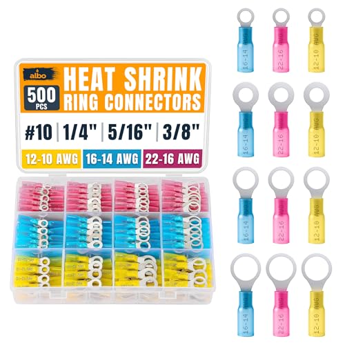 ALBO 500PCS Heat Shrink Ring Terminal Kit – Wire Terminal Connectors Assortment for 22-10 AWG, Waterproof Electrical Connectors Set – Tinned Copper Electrical Ring Terminals | Closed-Ring Design Helps Prevent Pull-Off, Loose Wiring and Connection Failure