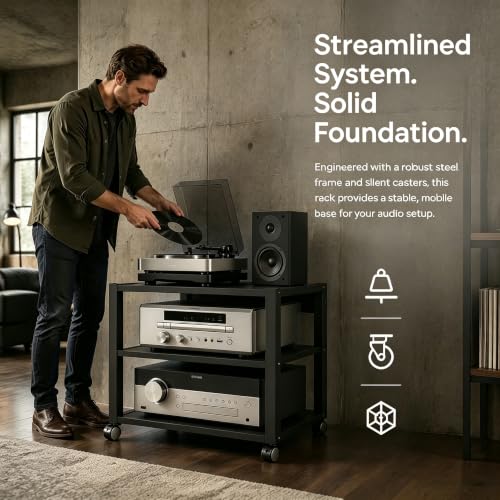 3 Tier Audio Rack Tower, CD Record Player Stereo Receiver AV Equipment Cabinet Display Rack, Weight Capacity 661 lbs, with Adjustable Wooden Shelves for Home (3 Tier Black) - size: 3 Tier Black