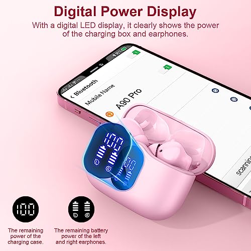 Btootos Wireless Earbuds Bluetooth 5.4 Headphones Bass Stereo Ear Buds with Noise Cancelling Mic LED Display in Ear Earphones IP7 Waterproof 36H Playtime for Laptop Pad Phones Sports Workout Pink | Ear Buds with Noise Cancelling Mic LED Display, 36H, IP7