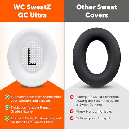 WC SweatZ QC Ultra - Patented Covers for Bose QuietComfort Ultra Gen 1 & 2 | Made by Wicked Cushions | Made with Premium Silicone, Sweatproof & Washable | White - color: White